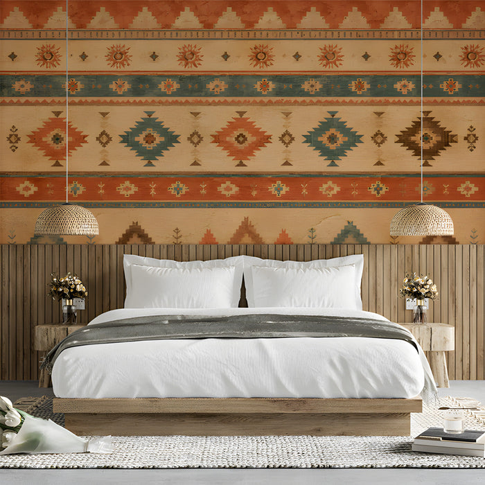 A cozy living room featuring a southwestern geometric wallpaper mural behind a velvet sofa