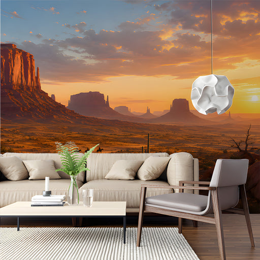A living room interior showcasing the desert horizon mural for a peaceful environment.