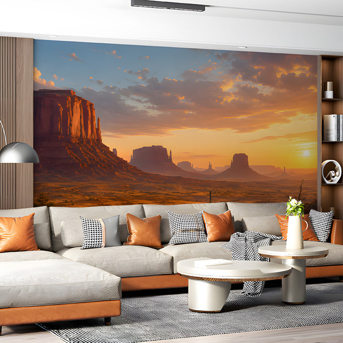A cozy home study featuring the desert sunset wallpaper behind a leather sofa.