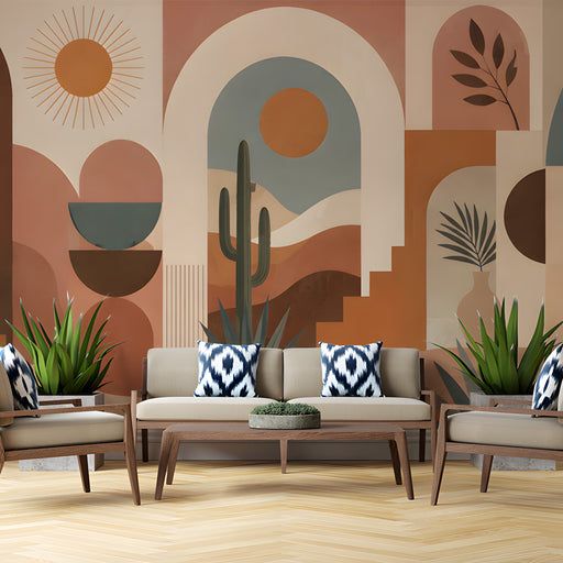 Cozy living room featuring a desert landscape wallpaper with archway designs and potted plants.