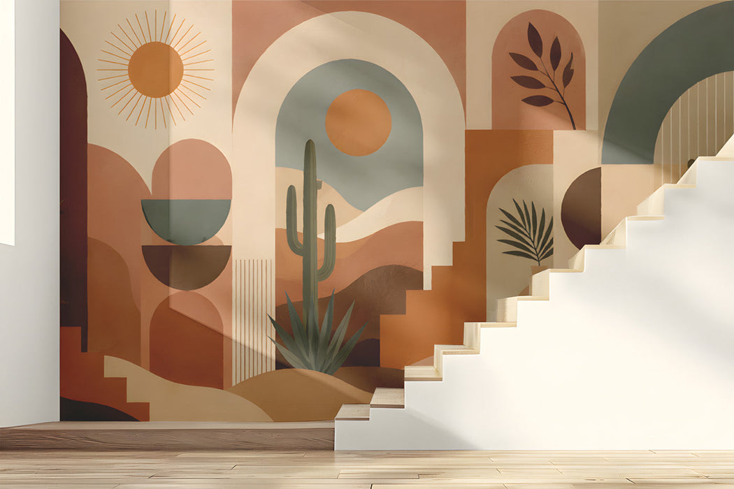 Modern living room wall decorated with a desert archway mural behind a beige linen sofa.