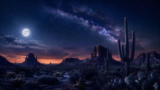 A wide-angle desert landscape at night featuring saguaro cacti, rock formations, a full moon, and a brilliant starry milky way sky.