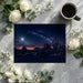 Bedroom wall featuring a calming cosmic night desert scene, styled with charcoal gray bedding and wooden accents.
