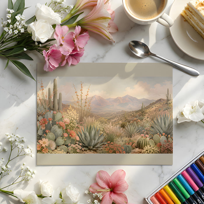 A bright dining room with a desert botanical wallpaper mural on a main feature wall.