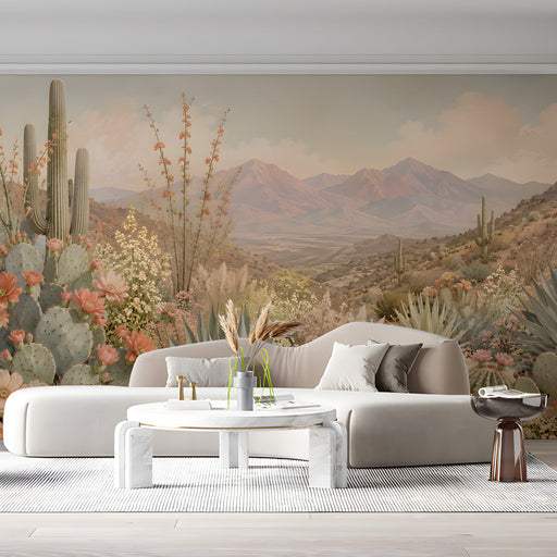 A relaxed commercial room space decorated with warm southwestern landscape mural wallpaper.