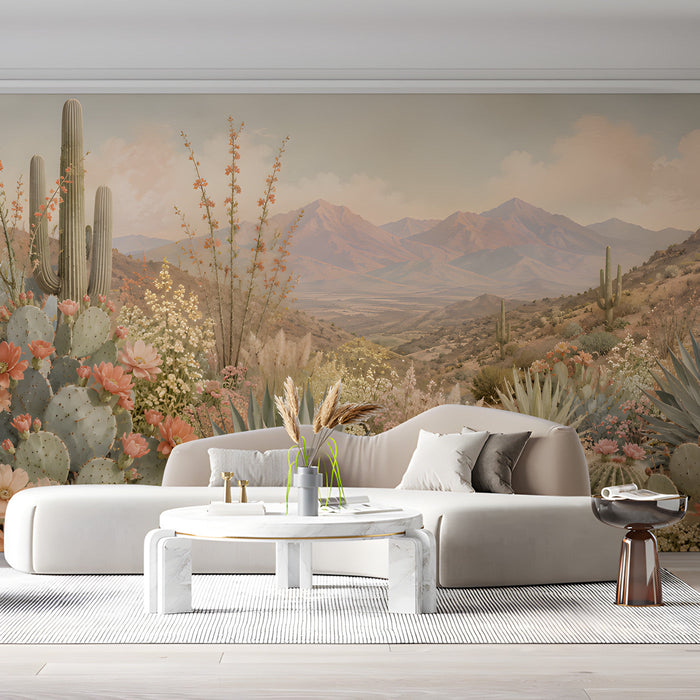 A relaxed commercial room space decorated with warm southwestern landscape mural wallpaper.
