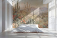 A cozy bedroom featuring a desert landscape wall mural behind a neutral linen bed frame.