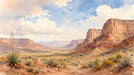 A wide watercolor painting of a Southwestern desert canyon with ochre cliffs and a vast blue sky.