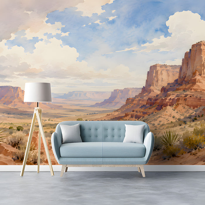 A home office with a desert vista wallpaper mural, creating a calm and expansive work environment.