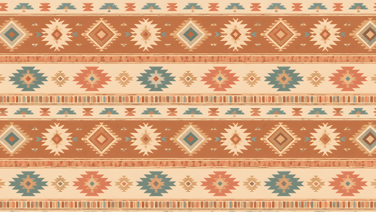 Geometric Southwestern wallpaper pattern with horizontal bands of terracotta diamonds and teal step motifs on a cream background