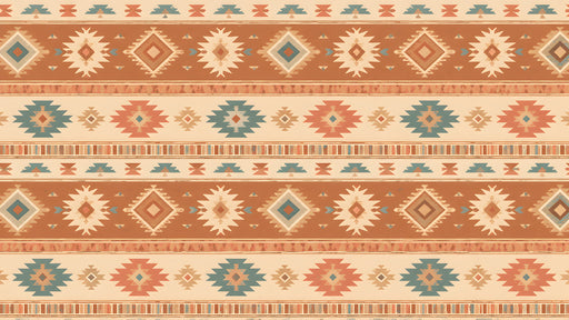 Geometric Southwestern wallpaper pattern with horizontal bands of terracotta diamonds and teal step motifs on a cream background