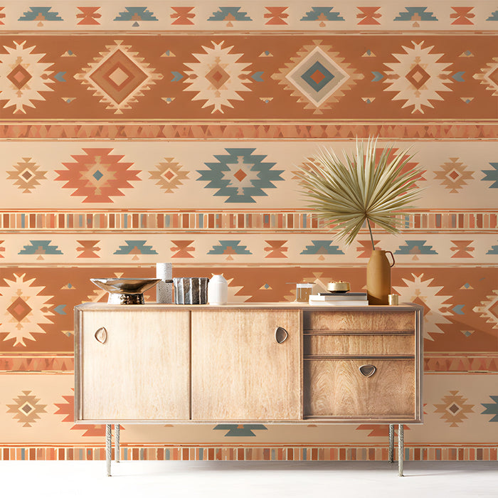 Cozy bedroom interior with a geometric desert-inspired mural behind a linen headboard and rustic wooden accents