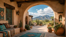A scenic wall mural showing a rustic adobe archway overlooking a sunny desert valley with mountains