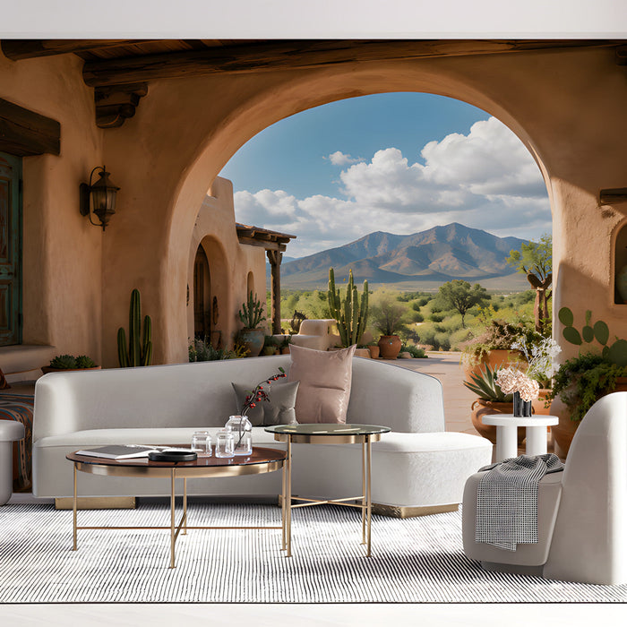 An airy home office space with a southwestern desert view mural
