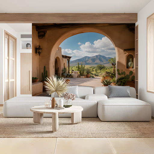 A cozy commercial space featuring the adobe arch mural behind a leather sofa