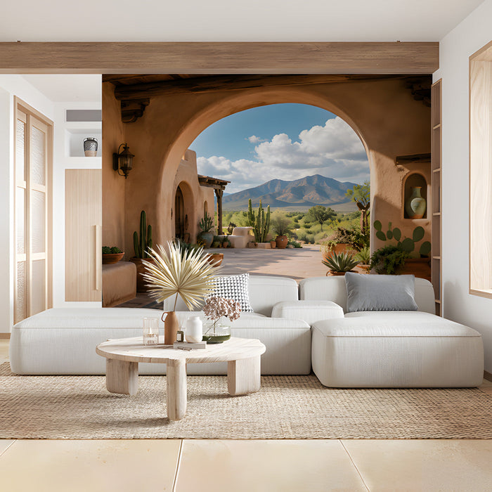 A cozy commercial space featuring the adobe arch mural behind a leather sofa