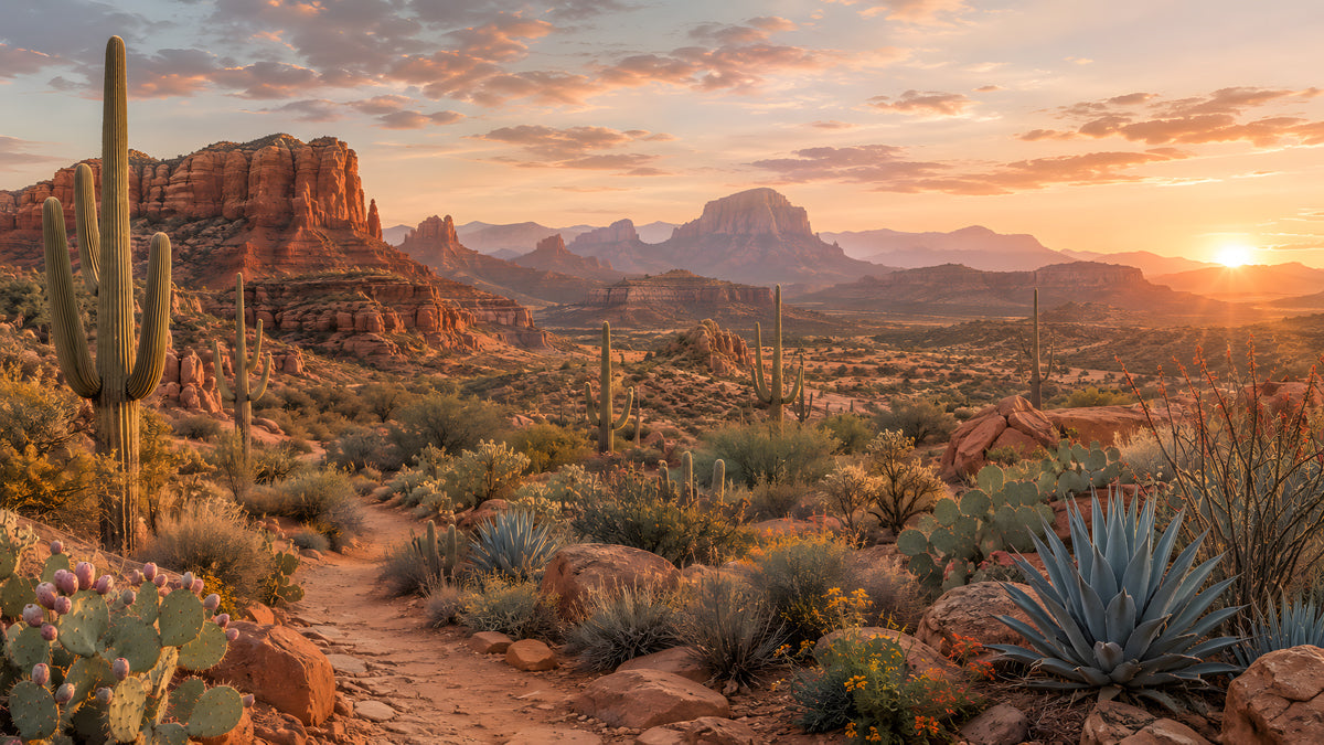 A scenic desert wallpaper featuring red rock mountains, saguaro cacti, and a vibrant sunset landscape.