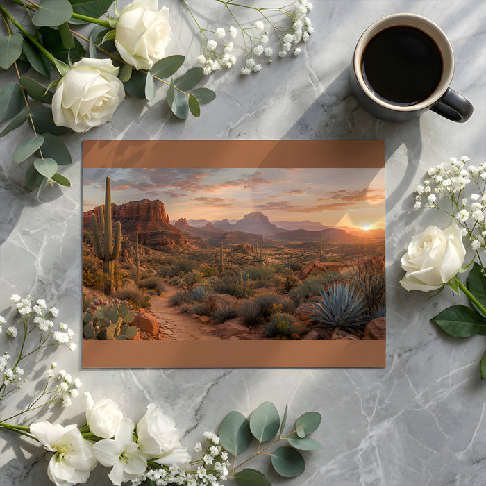 The desert mountain mural installed in a primary bedroom behind a wooden bed frame.