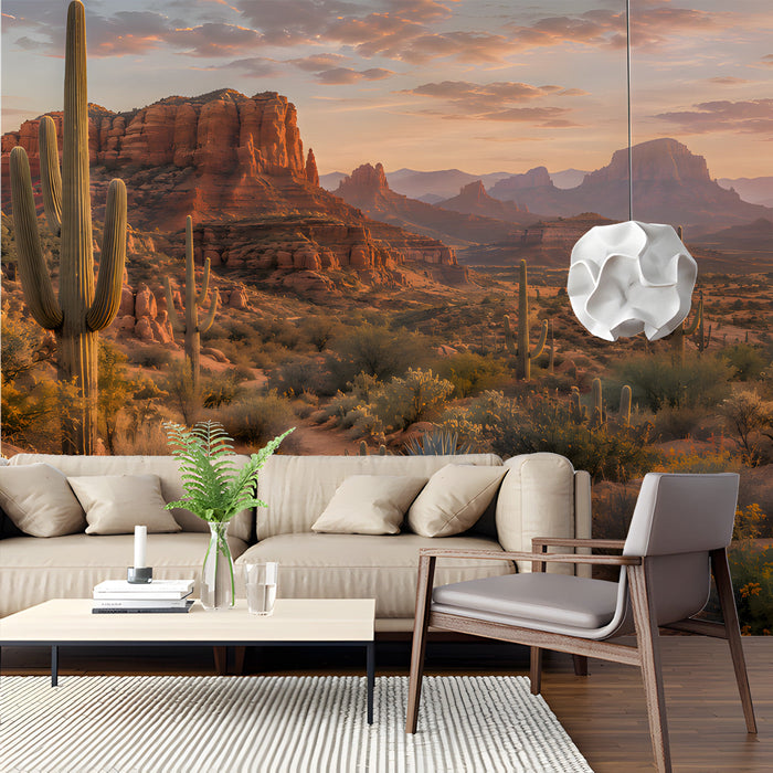 A bright living room space with the desert landscape mural on the main wall behind a desk.