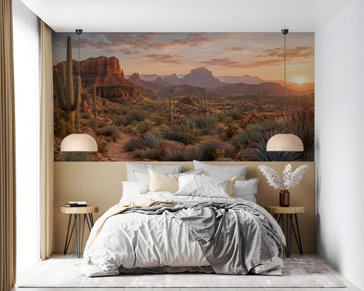 A cozy bedroom featuring the desert sunset wallpaper as a floor to ceiling feature wall.