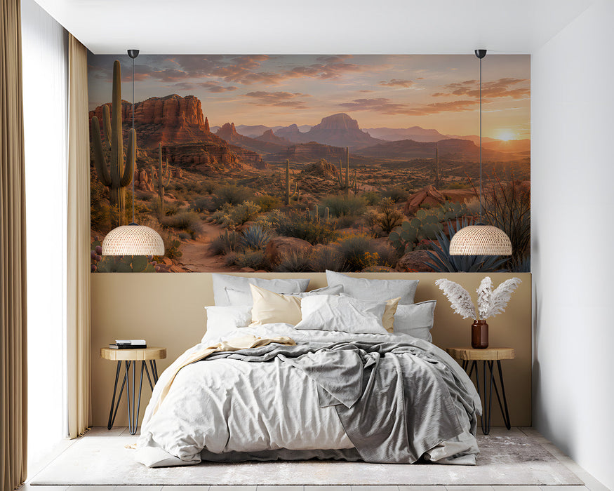 A cozy bedroom featuring the desert sunset wallpaper as a floor to ceiling feature wall.