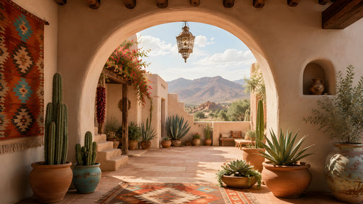 A sun-drenched adobe courtyard scene featuring a stone archway, terracotta pots with cacti, and distant mountains.