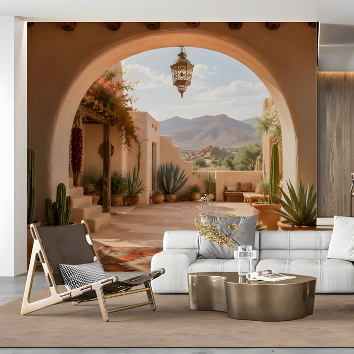 Desert landscape mural in a calm living room featuring warm clay tones and a wide-arched design.