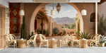 Southwestern desert mural installed in a bar with wooden furniture and terracotta accents.