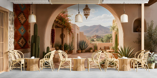 Southwestern desert mural installed in a bar with wooden furniture and terracotta accents.
