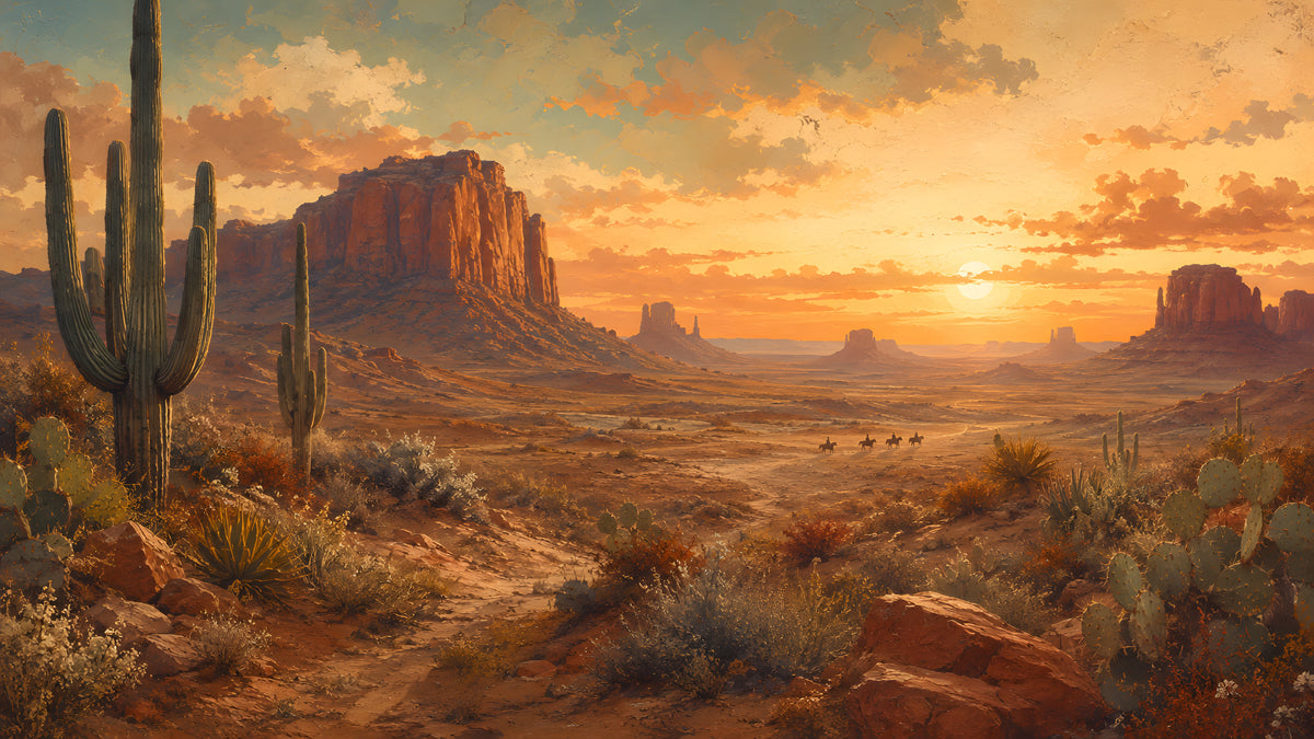 A panoramic desert mural with towering cacti, rocky mesas, and a vibrant sunset in hues of orange and ochre.
