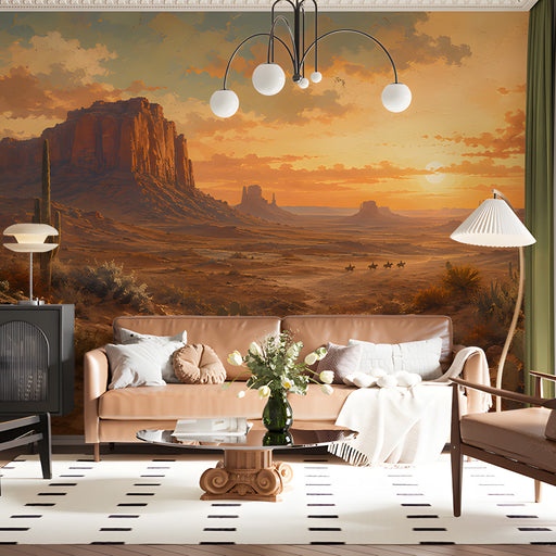 A living room styled with the desert sunset mural, paired with warm wooden furniture and organic decor.
