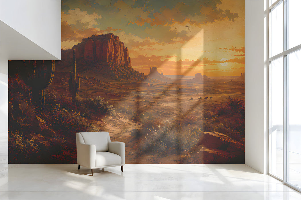 A cozy study featuring the desert sunset mural behind a mid-century modern sofa.