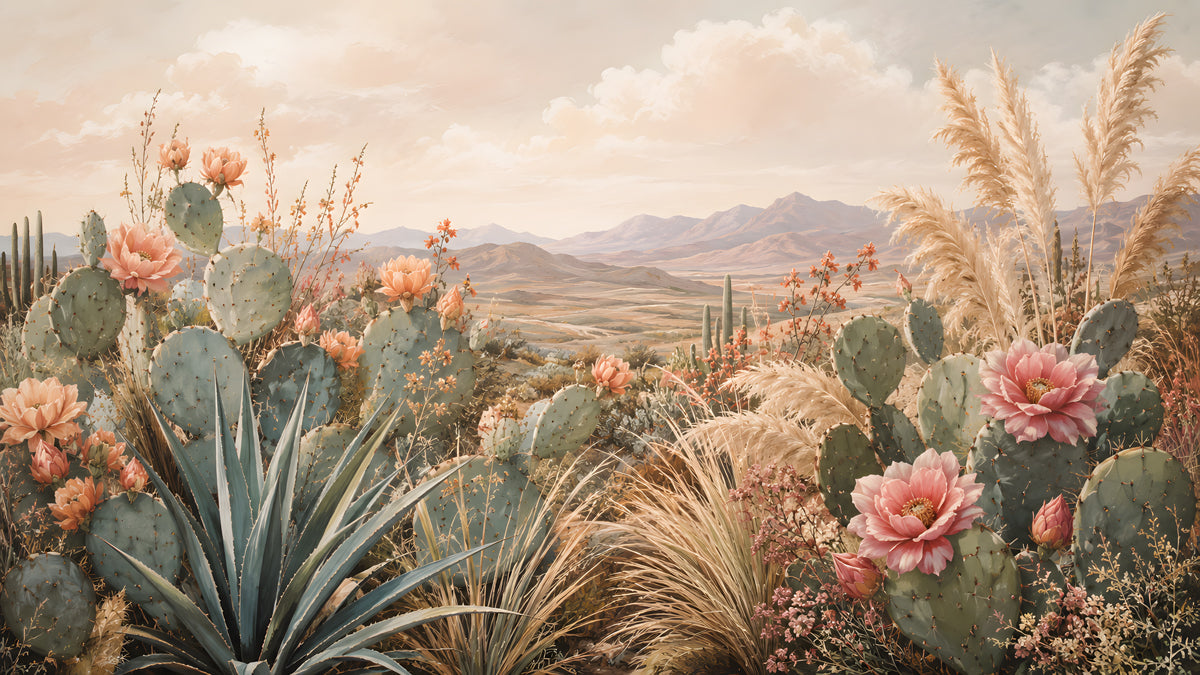 Desert botanical mural featuring sage green cacti, blooming peach flowers, and pampas grass under an ochre sky.