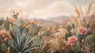 Desert botanical mural featuring sage green cacti, blooming peach flowers, and pampas grass under an ochre sky.