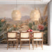 Dining room interior featuring a desert-themed wall mural with soft sage and terracotta tones for a calm meal space.