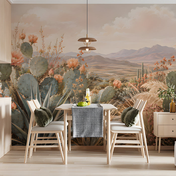 The desert mural installed as an expansive feature wall in a sunlit dining room with neutral linen furniture.