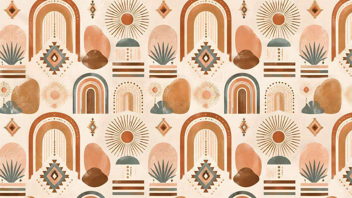 Bohemian wallpaper pattern featuring arches, sunbursts, and terracotta geometric motifs on cream background