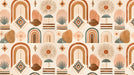 Bohemian wallpaper pattern featuring arches, sunbursts, and terracotta geometric motifs on cream background