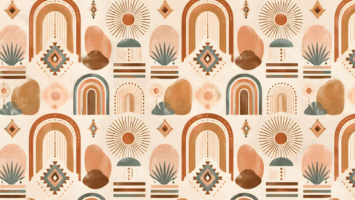 Bohemian wallpaper pattern featuring arches, sunbursts, and terracotta geometric motifs on cream background