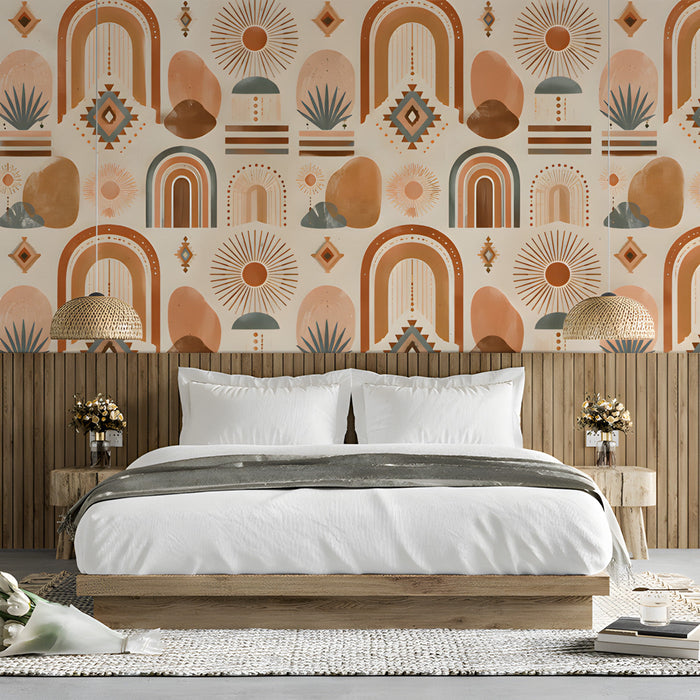 Earthy geometric wallpaper featuring terracotta suns in a modern bedroom space