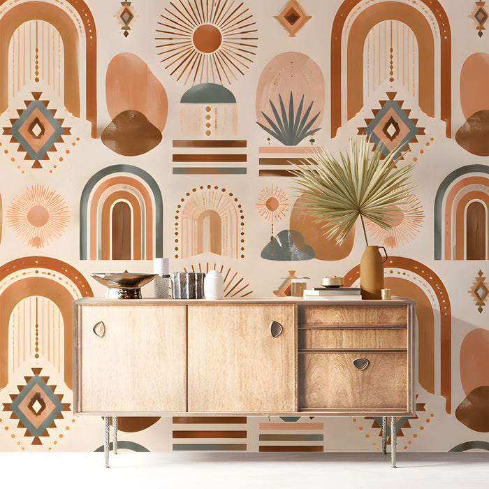 Bohemian sun mural wallpaper installed in a cozy sun-drenched bedroom with woven furniture