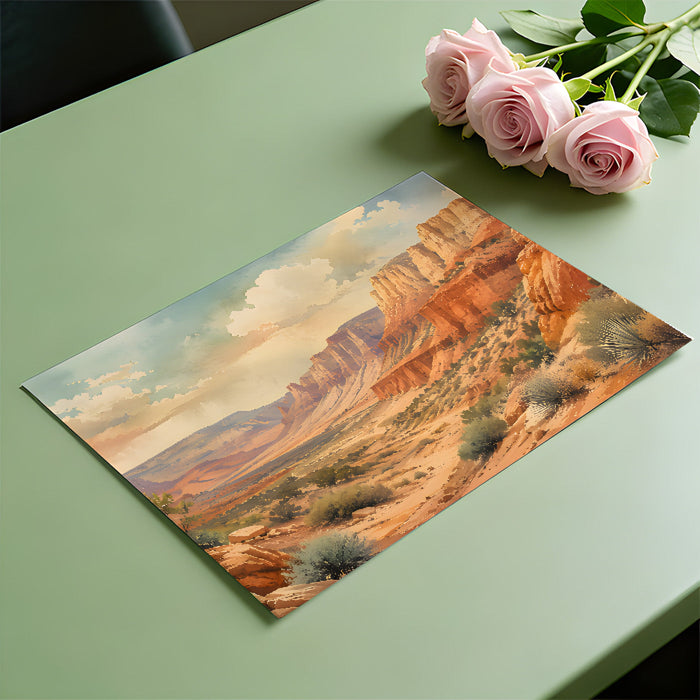 Bright dining room featuring a canyon landscape wallpaper for an artistic focal point