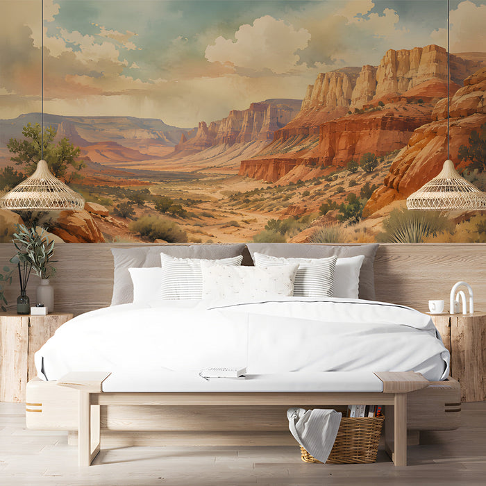 Bedroom interior with a desert horizon mural for a calm and expansive backdrop