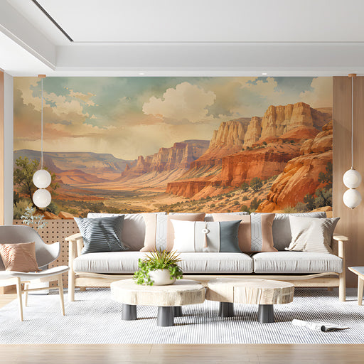 Living room with a large desert canyon mural behind a mid-century modern sofa
