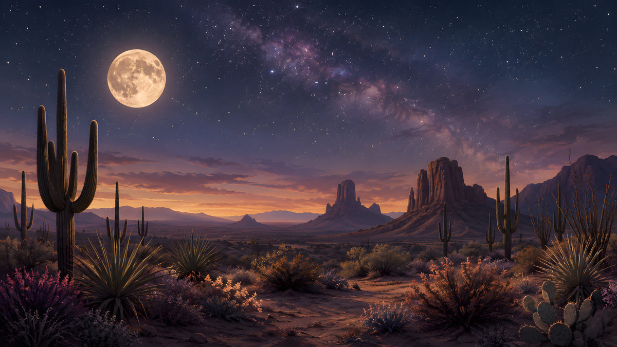 A night desert landscape mural featuring giant saguaro cacti, a glowing full moon, and a starry indigo galaxy sky.