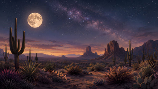 A night desert landscape mural featuring giant saguaro cacti, a glowing full moon, and a starry indigo galaxy sky.