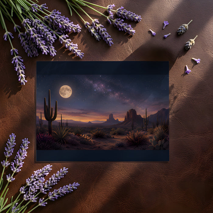 A moody living room setup featuring a desert star-gazing wall mural.