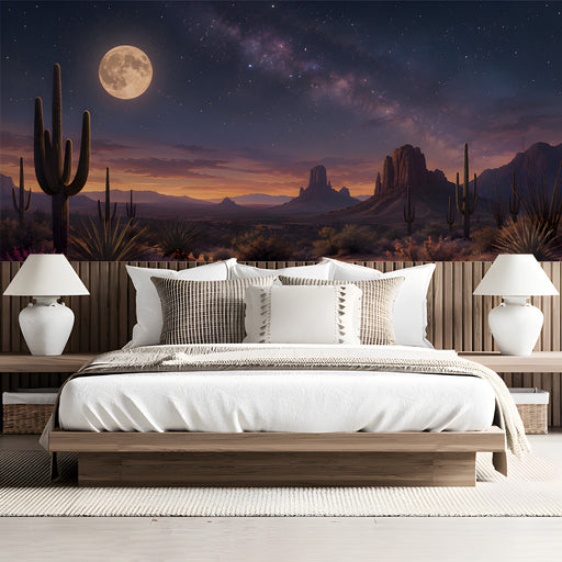 A bedroom featuring the desert night landscape as an inspiring accent wall.