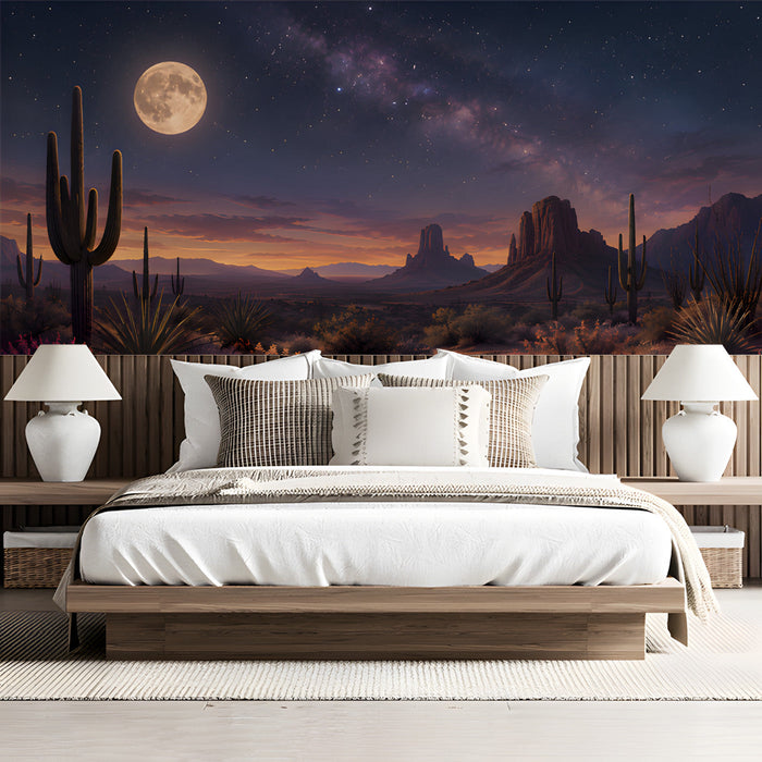 A bedroom featuring the desert night landscape as an inspiring accent wall.