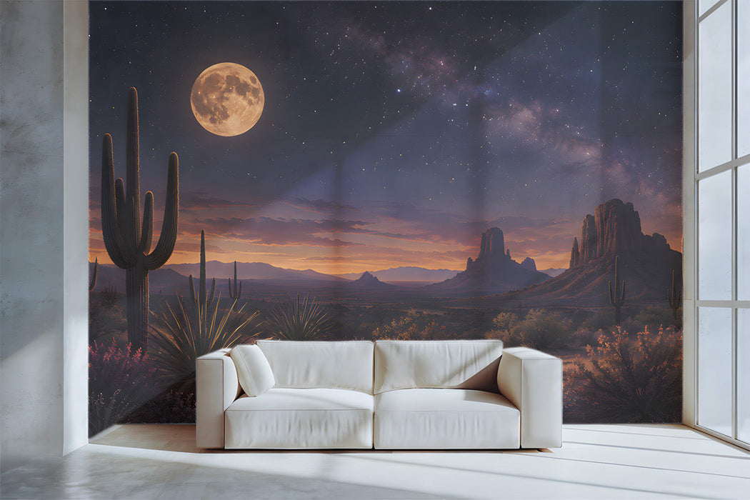 The desert night mural installed behind a minimalist bed in an entryway.